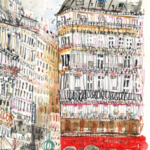 May include: A watercolor painting of a street scene in Paris, France. The painting features a red building with the words "Le Cafe de France" above the entrance. There are several other buildings in the background, and the street is lined with trees.