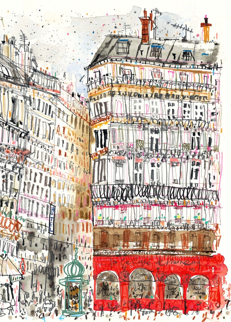 May include: A watercolor painting of a street scene in Paris, France. The painting features a red building with the words "Le Cafe de France" above the entrance. There are several other buildings in the background, and the street is lined with trees.
