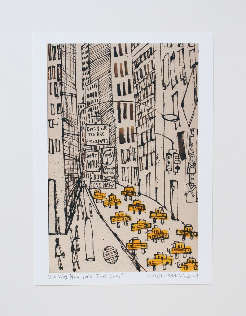 New York City Taxi Drawing, Signed Art Print, New York Painting, Manhattan Street, Dont Walk, One Way, NYC Sign, Skyscrapers Clare Caulfield image 2