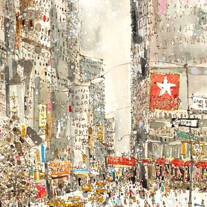 May include: A watercolor painting of a snowy street scene in New York City. The painting features tall buildings, a busy street with people walking, and a large sign that reads "Macy's".