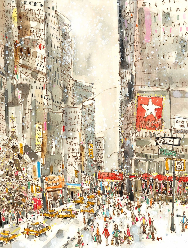 May include: A watercolor painting of a snowy street scene in New York City. The painting features tall buildings, a busy street with people walking, and a large sign that reads "Macy's".