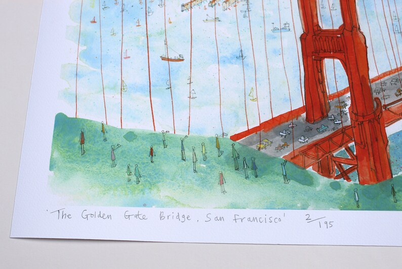 May include: A watercolor print of the Golden Gate Bridge in San Francisco, featuring a bright red bridge structure, a blue bay with small boats, and green hills with small figures. The text 'The Golden Gate Bridge, San Francisco' and '2/195' is printed at the bottom.