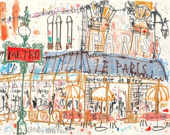 PARIS CAFE SKETCH 14x11 Print, French Cafe Print, Home Decor, Restaurant Drawing, Parisian Restaurant, City Painting, Watercolour Tabac Sign