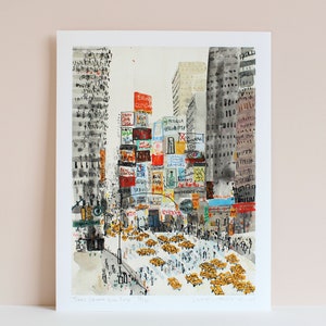 TIMES SQUARE ART New York City Print, Taxis, Manhattan Watercolor, Signed Limited Edition Giclee print, Skyscraper Drawing, Clare Caulfield