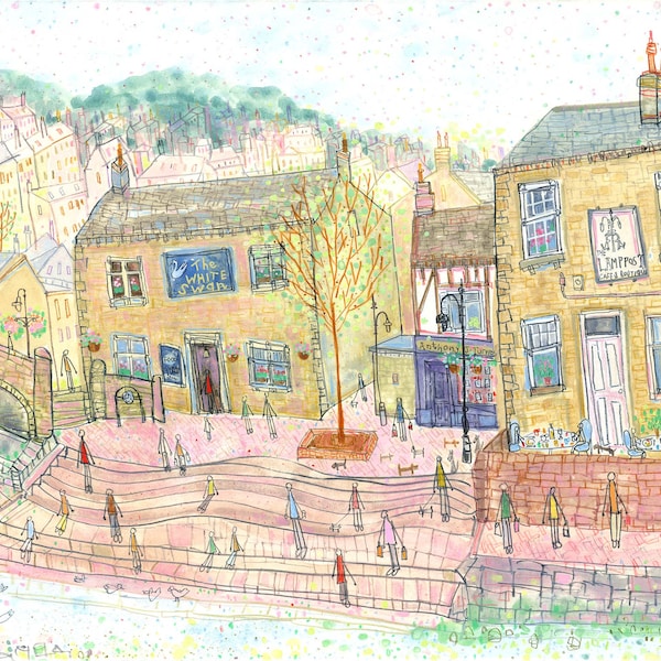 Hebden Bridge Print, View from Old Gate, Signed Giclee Print, Yorkshire Art, Calder Valley England, Watercolour Painting, Market Town Houses