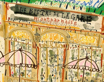 PARIS CAFE PICTURE 11x14 Print, Le Bistro De La Gare, Restaurant Sketch, French Home Decor, Cafe Drawing, Montparnasse, Watercolour Painting