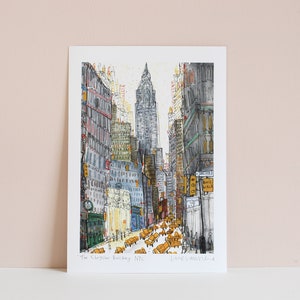 CHRYSLER BUILDING NYC Art Print, New York Watercolor, City Painting, Yellow Taxi Drawing, Signed Giclee Print, Architecture, Clare Caulfield