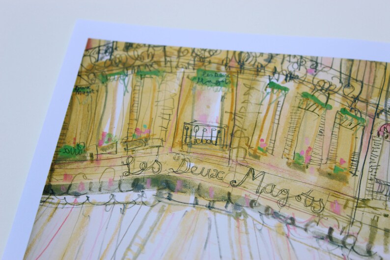 May include: Watercolor illustration of a building facade with the text "Les Deux Magots". The artwork features a warm color palette with beige, green, and pink accents, capturing a Parisian cafe scene.