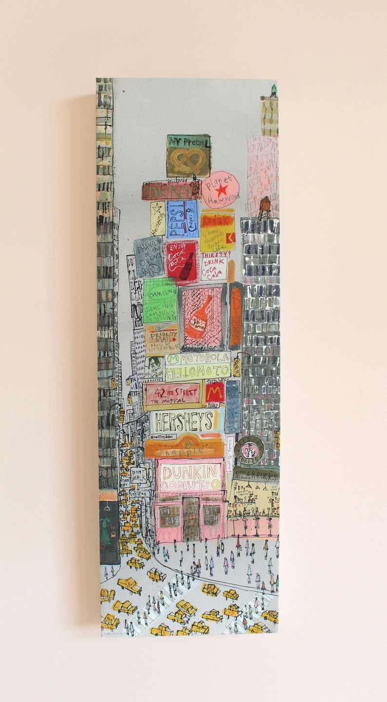 May include: A watercolor illustration of a busy city street scene with tall buildings, colorful signs, and yellow taxis. The signs include "My Pretzel", "Planet Hollywood", "Motorola Hello Moto", "42nd Street The Musical", "Hersheys", "Dunkin Donuts", and "Starbucks".