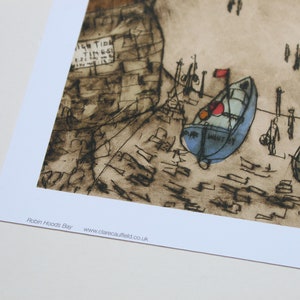 May include: A black and white illustration of a harbor scene with two boats, one blue and one green, with red accents. The boats are docked at a pier with a sign that reads "High Tide Times".