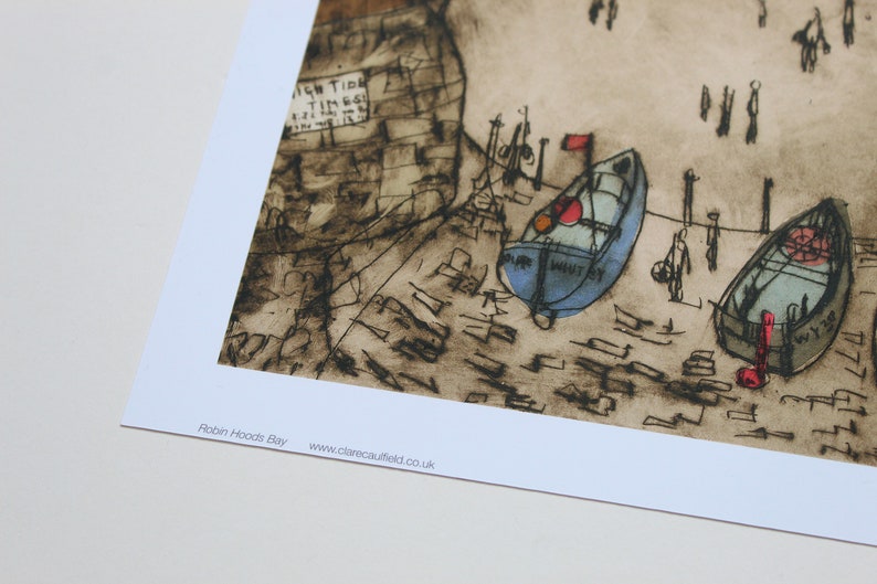 May include: A black and white illustration of a harbor scene with two boats, one blue and one green, with red accents. The boats are docked at a pier with a sign that reads "High Tide Times".