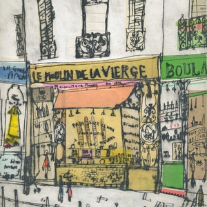 May include: An artistic illustration of a French bakery, "Le Moulin de la Vierge," with hand-drawn details. The image features the bakery's facade, signage, and architectural elements, with text in French. The bakery is labeled as "Maison Mere Fond&eacute;e en 1906."