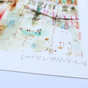 May include: A watercolour painting of a cityscape with a signature by the artist, "melanie".