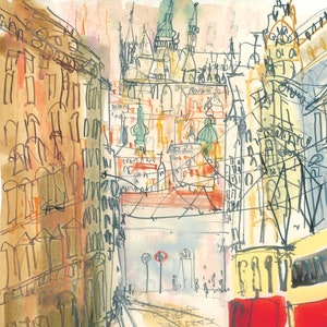 May include: Watercolor painting of a European city scene. Buildings in shades of brown, yellow, and orange are depicted with black line work. The artwork includes architectural details, street elements, and a red bus.