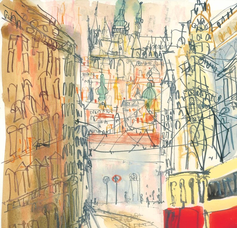 May include: Watercolor painting of a European city scene. Buildings in shades of brown, yellow, and orange are depicted with black line work. The artwork includes architectural details, street elements, and a red bus.