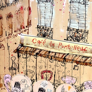 PARIS CAFE PICTURE 8x10 Giclee Print, Cafe Du Pont Neuf, Parisian Painting, Wall Art 8 x 10, Watercolor Sketch, Paris Drawing, French City