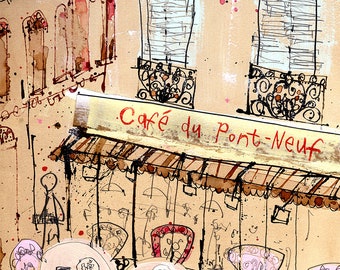 PARIS CAFE PICTURE 8x10 Giclee Print, Cafe Du Pont Neuf, Parisian Painting, Wall Art 8 x 10, Watercolor Sketch, Paris Drawing, French City