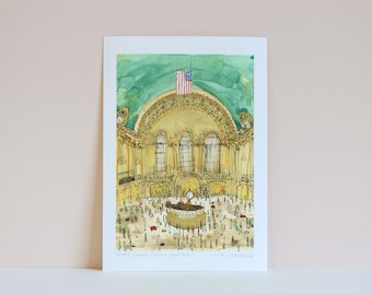 GRAND CENTRAL STATION, New York Print, Watercolor Painting, Grand Central Terminal, Manhattan Nyc Drawing, Signed Giclee, Clare Caulfield