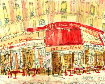 PARIS CAFE CANVAS Cafe Des 2 Moulin, Stretched Giclee Print, Amelie Cafe Montmartre, Watercolor Painting, French Art Sketch, Clare Caulfield