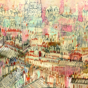 VIEW OVER PARIS, Giclee Print, Painting of Paris, Wall Art 8x10, Watercolor Sketch, Rooftop Drawing, City Artwork, Sacre Coeur Dome