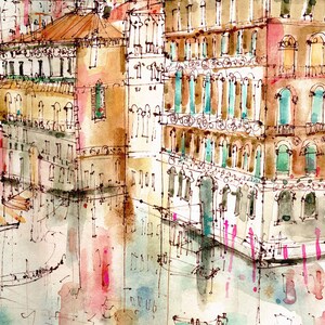 May include: Watercolour painting of a canal in Venice, Italy. The painting features buildings with arched windows and balconies, a gondola in the water, and a blue sky with clouds.