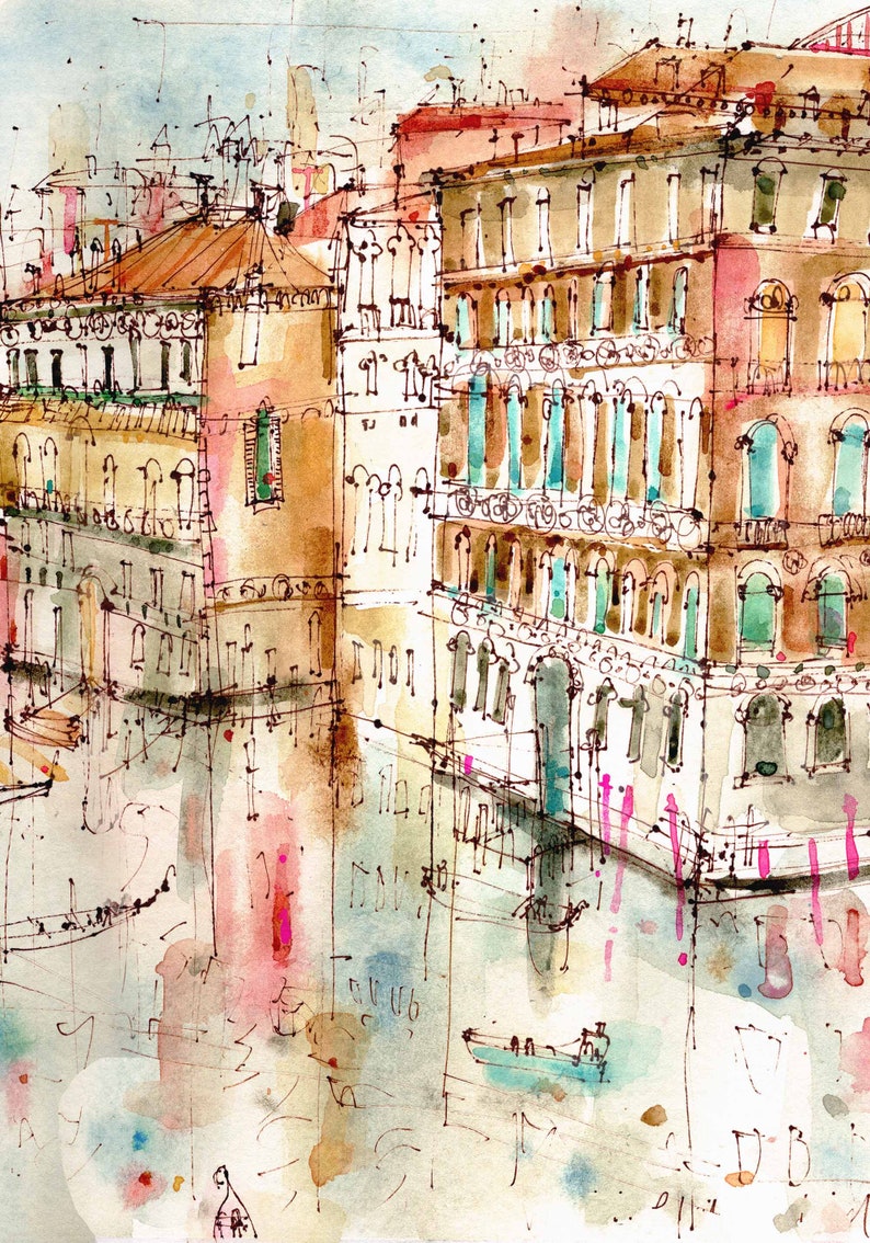May include: Watercolour painting of a canal in Venice, Italy. The painting features buildings with arched windows and balconies, a gondola in the water, and a blue sky with clouds.
