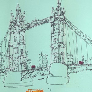 May include: A black and white line drawing of the Tower Bridge in London, England. The bridge is drawn in a simple style, with the two towers and the walkway connecting them. There is a small orange boat in the water below the bridge.