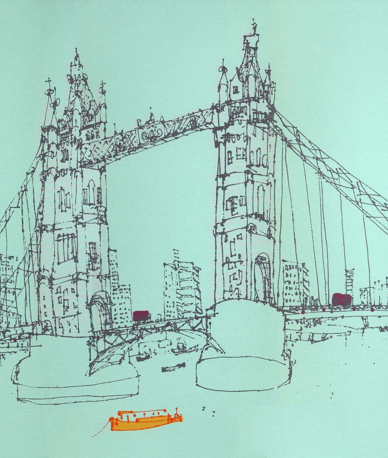 May include: A black and white line drawing of the Tower Bridge in London, England. The bridge is drawn in a simple style, with the two towers and the walkway connecting them. There is a small orange boat in the water below the bridge.