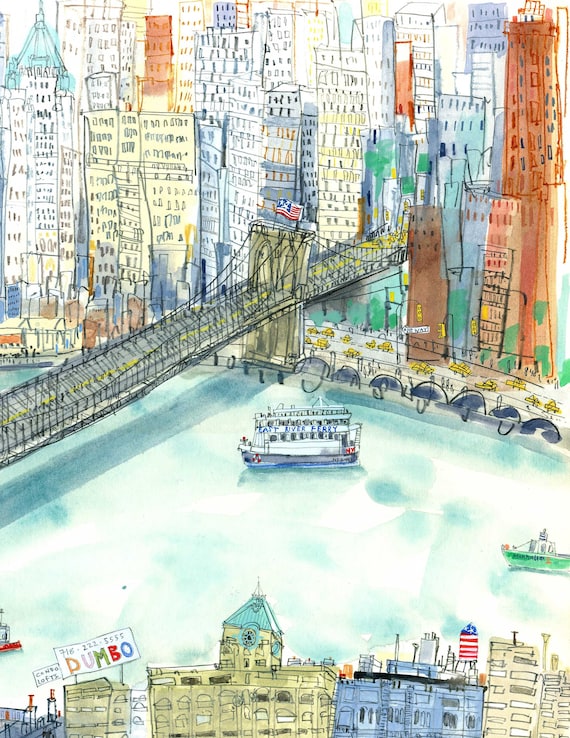 イーストリバーの絵画、ニューヨークの水彩画、ブルックリン橋