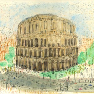 May include: Watercolor illustration of the Colosseum in Rome, Italy. The artwork depicts the ancient amphitheater in shades of beige and brown, with arched openings and detailed architectural elements. The foreground shows a street with cars and pedestrians, and trees line the sides.