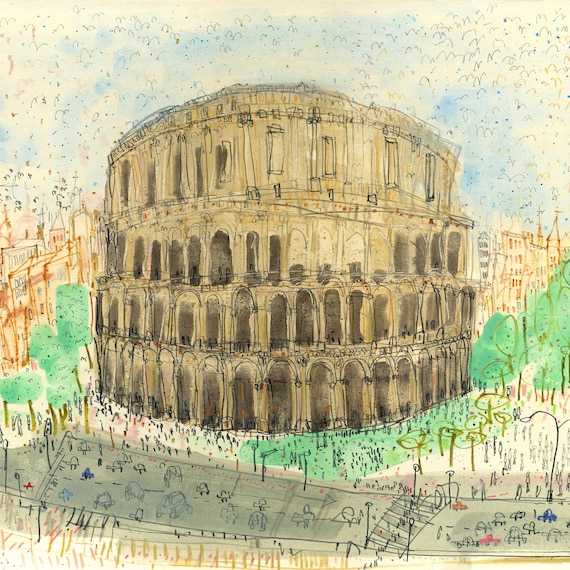COLOSSEUM ROME, Giclee Print on Paper, Painting of Rome, Italy Wall Decor, Watercolor Sketch, Pencil Drawing, Architecture, Clare Caulfield