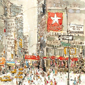 New York Snow, 8x10 Giclee Print, Macys shopping Print, Watercolor Painting, NYC Painting, Skyscraper Sketch, New York Taxis, Manhattan Art