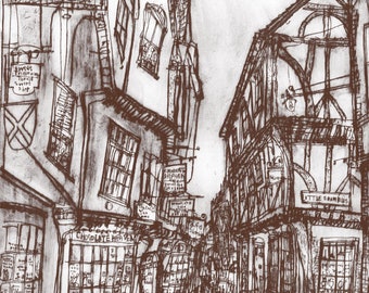 YORK CANVAS ART, The Shambles Print, York Cobbled Street England, Stretched Giclee Canvas, Yorkshire Drawing, Sepia Sketch, Clare Caulfield