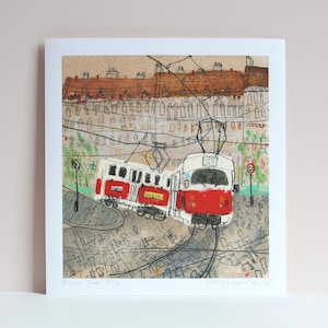 May include: A red and white tram with the number 28 on the front, traveling through a city street. The tram is surrounded by buildings and power lines. The image is a collage of different textures and colors, giving it a unique and artistic feel.