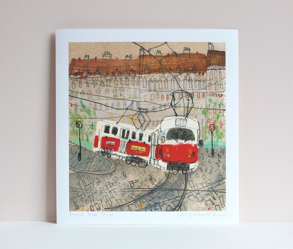Prague Art Print, Prague Tram Painting, Czech Republic, City Travel Decor, Prague Watercolor Painting, Limited Edition Giclee, Architecture