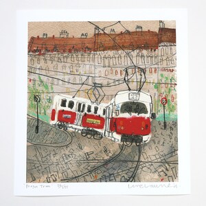 May include: A watercolor painting of two red and white trams in Prague, Czech Republic. The trams are on a track with a building in the background. The painting is signed "Lurelaine" and numbered "25/115".
