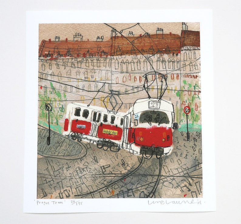 May include: A watercolor painting of two red and white trams in Prague, Czech Republic. The trams are on a track with a building in the background. The painting is signed "Lurelaine" and numbered "25/115".