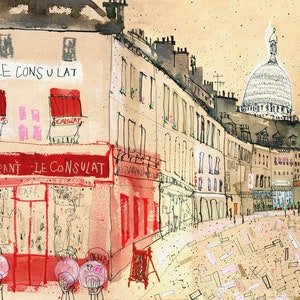 PARIS CANVAS ART Montmartre Print, French Painting, Watercolour Sketch, Drawing of France, Sacre Coeur, Parisian Wall Art, Le Consulat Paris