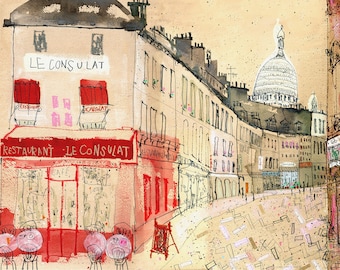 PARIS CANVAS ART Montmartre Print, French Painting, Watercolour Sketch, Drawing of France, Sacre Coeur, Parisian Wall Art, Le Consulat Paris