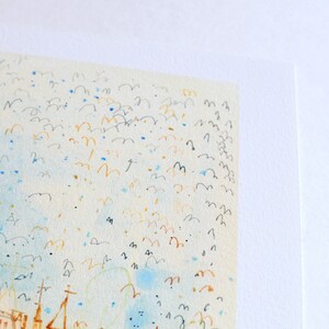 May include: Watercolor painting featuring a cityscape with a flock of birds in the sky. The artwork uses a palette of beige, blue, and orange hues. The painting is on textured paper, with a white border.