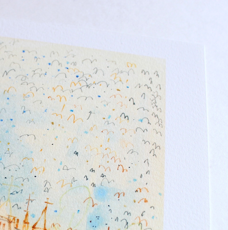 May include: Watercolor painting featuring a cityscape with a flock of birds in the sky. The artwork uses a palette of beige, blue, and orange hues. The painting is on textured paper, with a white border.