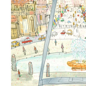 May include: A watercolor painting of a view from a window overlooking a city square. The square has a fountain in the center and is surrounded by buildings. There are people walking around the square and cars driving on the street. The painting is done in a whimsical style with bright colors.