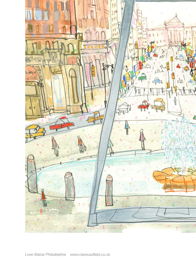 May include: A watercolor painting of a view from a window overlooking a city square. The square has a fountain in the center and is surrounded by buildings. There are people walking around the square and cars driving on the street. The painting is done in a whimsical style with bright colors.