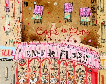 PARIJS ART PRINT Franse gicleeprint, Café de Flore, aquarel, Frankrijk kunst aan de muur, Parijs gebouw, Parijse foto, schets roze café