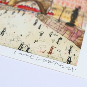 May include: A black and white drawing of a city scene with a signature that reads "lime vannerci."