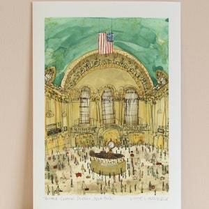 May include: A watercolor illustration of Grand Central Station in New York City. The illustration depicts the interior of the station, with a large clock in the center and many people walking around. The American flag hangs from the ceiling. The text 'Grand Central Station, New York' and 'Lime Launhed' are written at the bottom of the illustration.