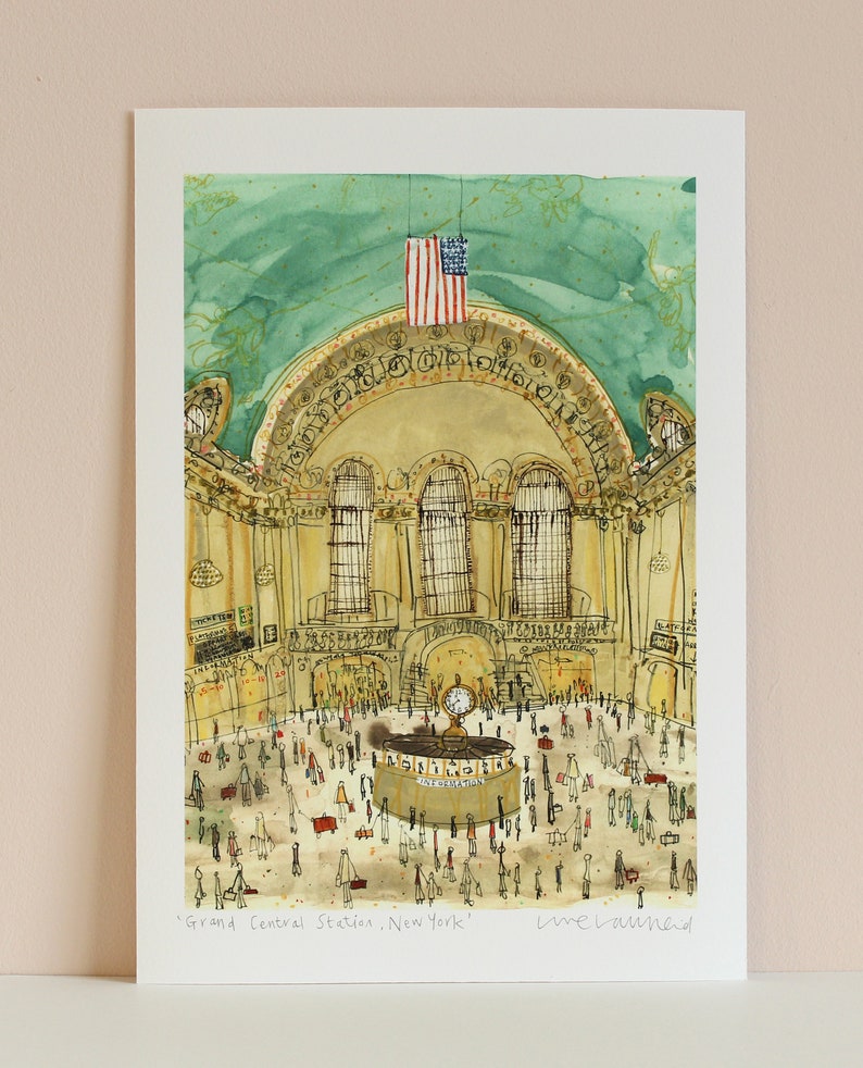 May include: A watercolor illustration of Grand Central Station in New York City. The illustration depicts the interior of the station, with a large clock in the center and many people walking around. The American flag hangs from the ceiling. The text 'Grand Central Station, New York' and 'Lime Launhed' are written at the bottom of the illustration.