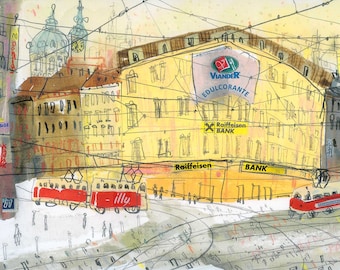 PRAGUE TRAM, Czech Picture 14x11, Czechia Wall Decor, Red Tram Art, City Drawing Sketch, Clare Caulfield, Shopping Street, Travel Sketch