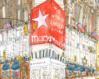 MACYS New York, 8x10 Giclee Print, Manhattan Art, Watercolor Painting, Dont Walk Sign, Skyscraper Sketch, NYC Yellow Taxis, NY Store Drawing