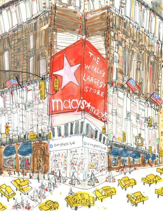 MACYS Nueva York Impresion Giclee 8x10 Arte de Manhattan Pintura en acuarela Senal de No caminar Boceto de rascacielos Taxis amarillos de Nueva York Dibujo de tienda de Nueva York Etsy